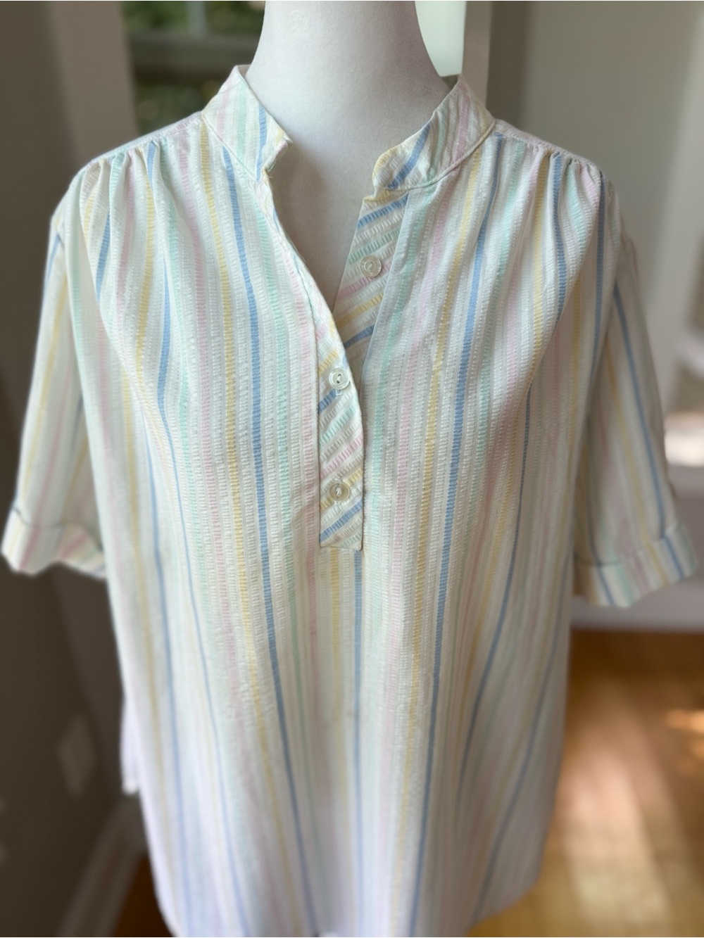 Vintage 80s 90s Pastel Pink White Blue Stripe Short Sleeve Blouse Sz 20W - Picture 10 of 10